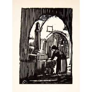  1936 Woodcut Ernst Ewerbeck Washerwoman St. Sauveur Alpes 