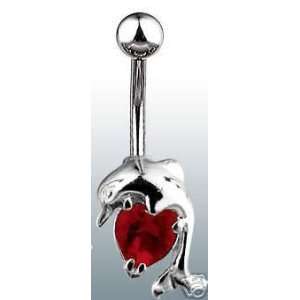  Dolphin Holding Red Gem Heart 14g Navel Ring Everything 