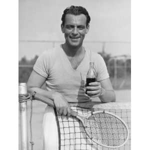  Man With Soda and Tennis Racquet Outdoors Photographic 