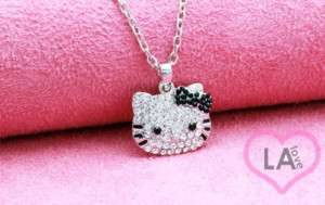 SMALL SILVER CRYSTAL BLACK BOW HELLO KITTY NECKLACE  