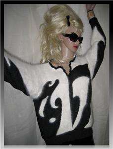   and White Art Deco FURRY FLUFFY ANGORA Sweater slouchy JUMPER L  