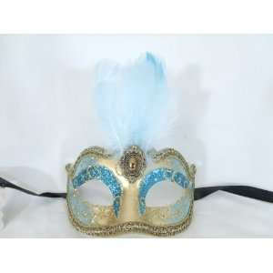Light Blue Gold Ciuffo Corto Star Feather Venetian Masquerade Mask