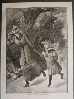   DOG LADY & GIRL GOING TO SANTA CLAUS CHRISTMAS PARTY PRINT 1896  