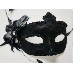  Halloween Black Half Face Lace Mask with Feather on Side 