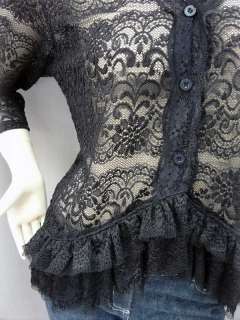 Elegant Floral Lace Sheer Cardigan Blouse Top Black  