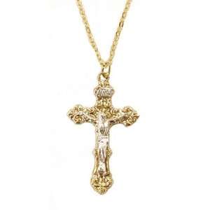  wo Tone Gold Plated Scrolled Crucifix Pendant Necklace 