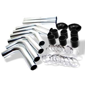   Aluminum Turbo Intercooler Piping Pipe Kit Chrome + Black Couplers