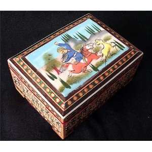 Persian Decorative / Jewelry Khatam Marquetry Box Pastoral Painting on 
