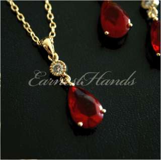 14K Gold GP Scarlet Red Drop Necklace&Earrings Jewerly SET Enchanting 