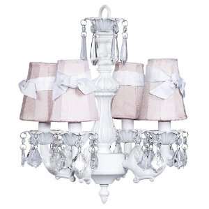   Arm Fountain Chandelier in White with Pink Shades and White Sashes