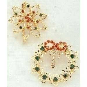Club Pack of 12 Winters Beauty Gold Wreath & Poinsettia Pins with Gem 