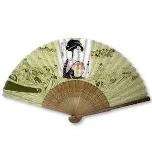   Geisha Painted Bamboo Wood Oriental Silk Folding Fan