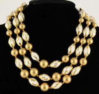   Deauville White and Gold Large Lucite Pearl 3 Strand Bead Necklace