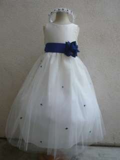 NEW WEDDING ROSEBUD IVORY ROYAL BLUE FLOWER GIRL DRESS SIZE S L 2 4 6 