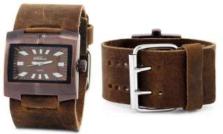 NEMESIS BROWN STAINLESS STEEL WIDE LEATHER CUFF WATCH  
