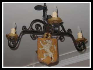 Antique Wrought Iron Gothic Chandelier w Lion Crest NR  