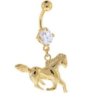    24kt Gold Plated Cubic Zirconia Horse Charm Belly Ring Jewelry