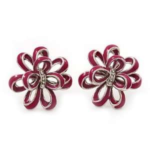  Pink Enamel Dimensional Floral Stud Earrings In Silver Plated Metal 
