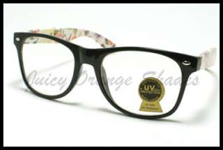   FLORAL Design CLEAR Lens 80s Retro Fashion Eyeglasses BLACK  
