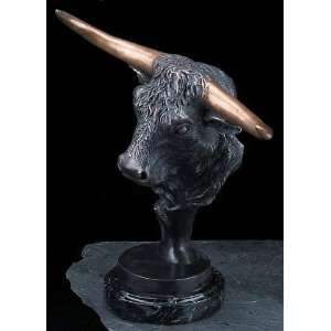 Bull Head on Marble, Bronzed Metal, Statue  Figurine