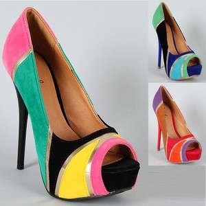 Womens Shoes High Heels Colorblock Peep Toe Pumps Velvet Black Blue 