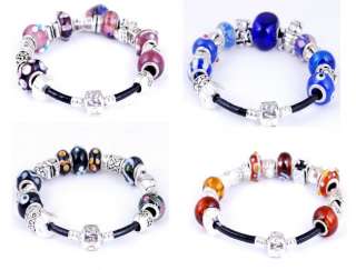 4strds Glass Metal Spacer Beads Leather Chain Bracelets  