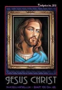 Mexican BLACK VELVET PAINTING of Blue Eyed JESUS CHRIST  