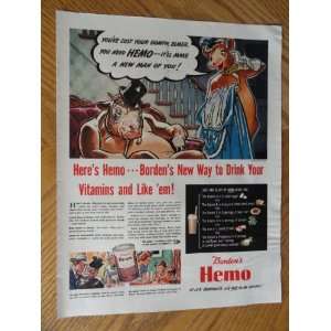 Bordens Hemo, Vintage 40s full page print ad. Color Illustration 