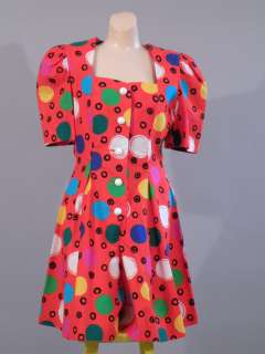 vtg 80s colorful dots mini dress split skirt puff slv M  