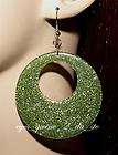 LARGE ROUND EMERALD GREEN GLITTER BUTTON EARRINGS  