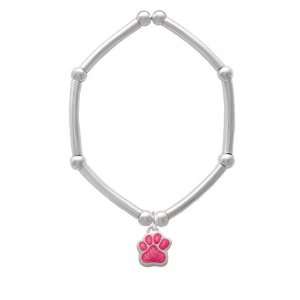  Small Hot Pink Glitter Paw Tube and Bead Charm Bracelet 