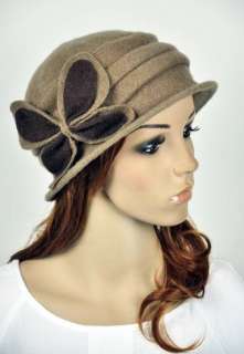   100% Wool Elegant Lady Womens Dress Hat Beanie Cap 4 Leaf Flower Grey
