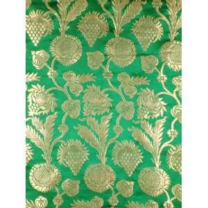 Green Floral Brocade Fabric with Golden Thread Weave by Hand   Pure 