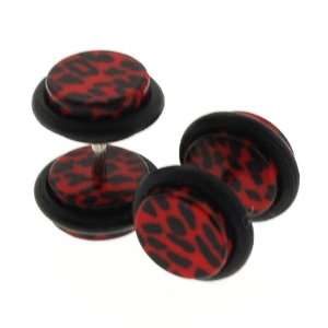 Hand Wrapped Acrylic Faux Plugs with Red Cheetah Design   16G Ear Wire 