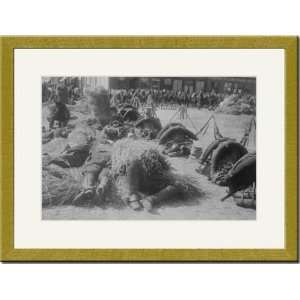   French soldiers in full pack bed down on straw after a long Home