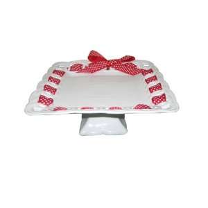  Cake Stand Plain Square Pedestal White with Red White Polka Dot Ribbon