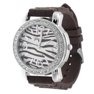  GP Designs Womens Brown Striped Rhinestone Silicone Watch 