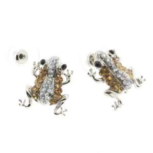 Very Cute Silver Tone Yellow Clear Rhinestone Frog Earrings With Post 