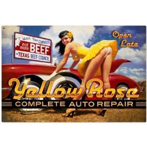   Yellow Rose Pinup Girls Metal Sign   Garage Art Signs