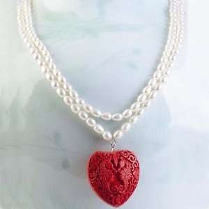  Freshwater Pearl Necklace with Cinnabar Pendant   Striking 
