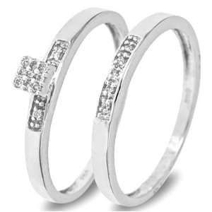   Wedding Band Set 10K White Gold   Two Rings Ladies Engagement Ring