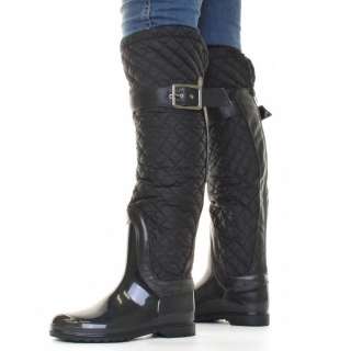 WOMENS BLACK QUILTED FLEECE LINED WELLIES WELLINGTON SNOW RAIN BOOTS 