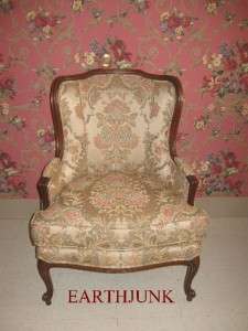 Ethan Allen Country French Damask Floral Carved Wood Trim Wing Back 