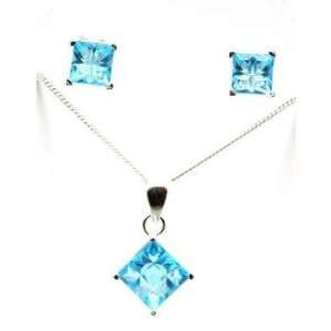  925 Silver Aqua Princess Cut Look Pendant & Earring Set Jewelry