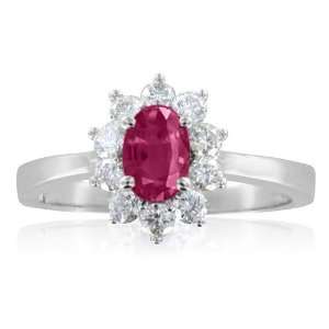 Natural Ruby and Diamond Engagement Ring in 18k White Gold Halo Ring 