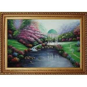  Small Pavilion in Beautiful Water Garden with Flowers Oil 