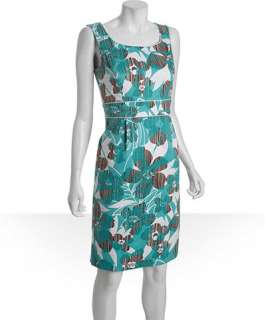 Tahari ASL turquoise floral printed stretch cotton sleeveless dress