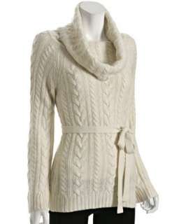 Autumn Cashmere vanilla chunky cable knit cowl neck belted sweater 