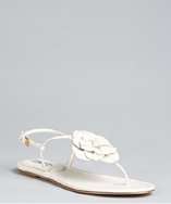 Prada ivory patent leather flower thong sandals style# 320180101