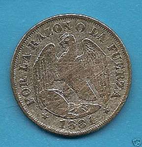 CHILE 20 CENTS, YEAR 1881, SILVER, RARE  